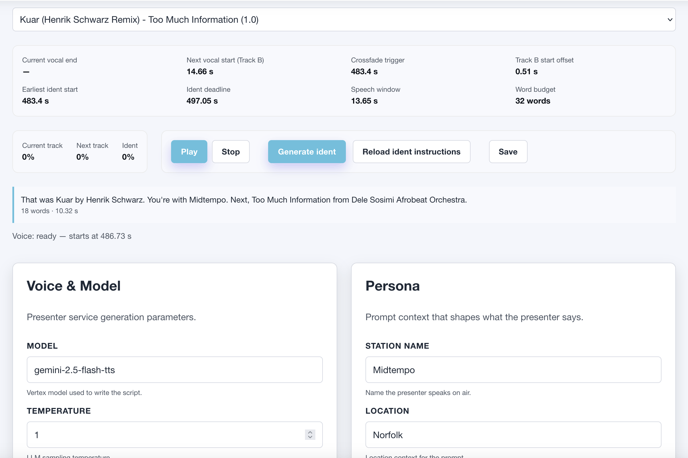 The presenter ident testing page of the management system